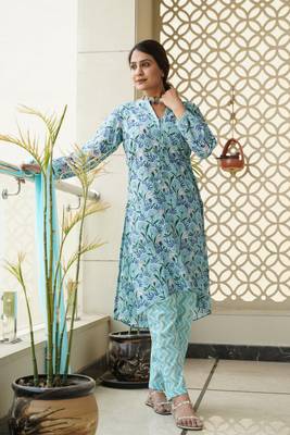 Sky blue hilo floral cotton kurta set 1