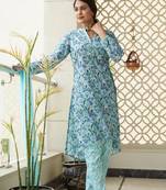 Sky blue hilo floral cotton kurta set