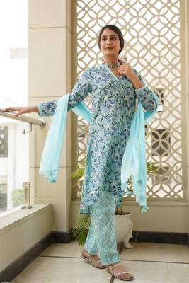 Sky blue hilo floral cotton kurta set 2