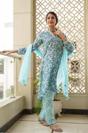 Sky blue hilo floral cotton kurta set