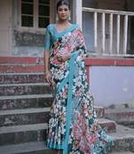 Green Soft Sandy Silk Saree With Floral Print And Fancy Tassels Pallu With Contrast Blouse