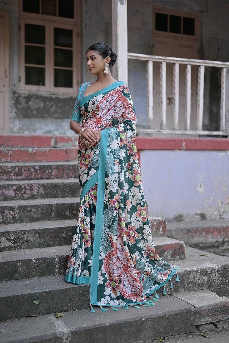 Green Soft Sandy Silk Saree With Floral Print And Fancy Tassels Pallu With Contrast Blouse