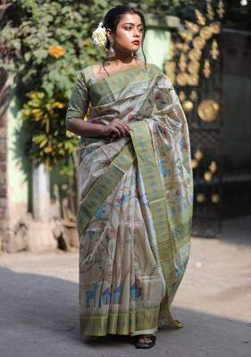 Soft Tussar Silk Saree With All Over Beautiful Printed Pallu With Contrast Blouse Piece  1