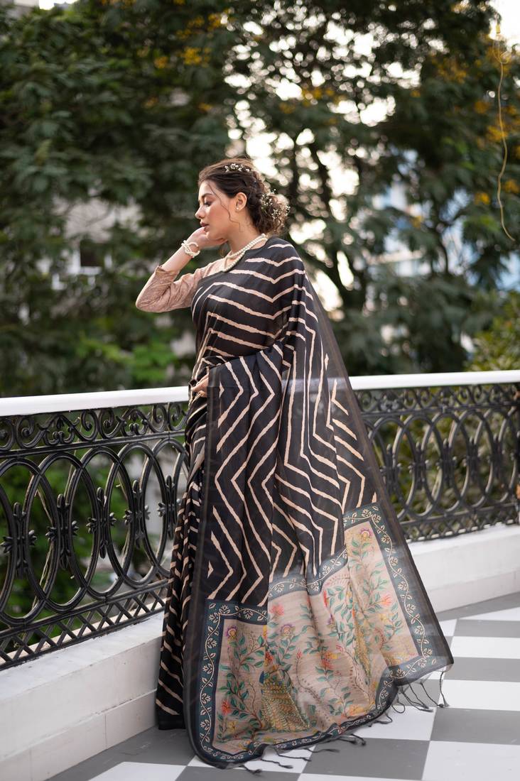 Tussar Silk Blend Saree With Beautiful Leriya Print And Zari Border With Kalamkari Pallu And Tassels
