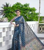 Tussar Silk Saree With Beautiful Leriya Print And Zari Border With Kalamkari Pallu And Tassels