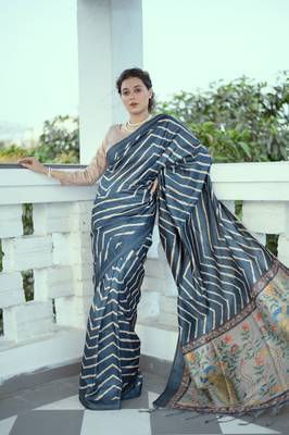 Tussar Silk Saree With Beautiful Leriya Print And Zari Border With Kalamkari Pallu And Tassels 2