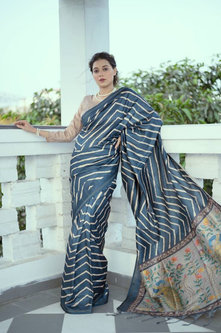 Tussar Silk Saree With Beautiful Leriya Print And Zari Border With Kalamkari Pallu And Tassels