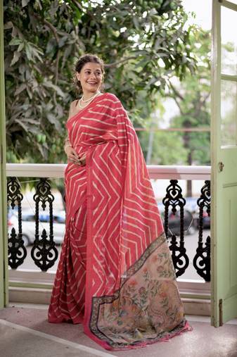 Tussar Silk Saree With Beautiful Leriya Print And Zari Border With Kalamkari Pallu And Tassels
