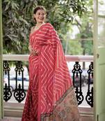 Tussar Silk Saree With Beautiful Leriya Print And Zari Border With Kalamkari Pallu And Tassels