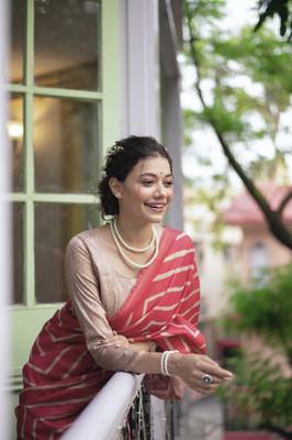 Tussar Silk Saree With Beautiful Leriya Print And Zari Border With Kalamkari Pallu And Tassels 4