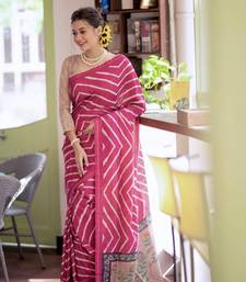 Tussar Silk Saree With Beautiful Leriya Print And Zari Border With Kalamkari Pallu And Tassels