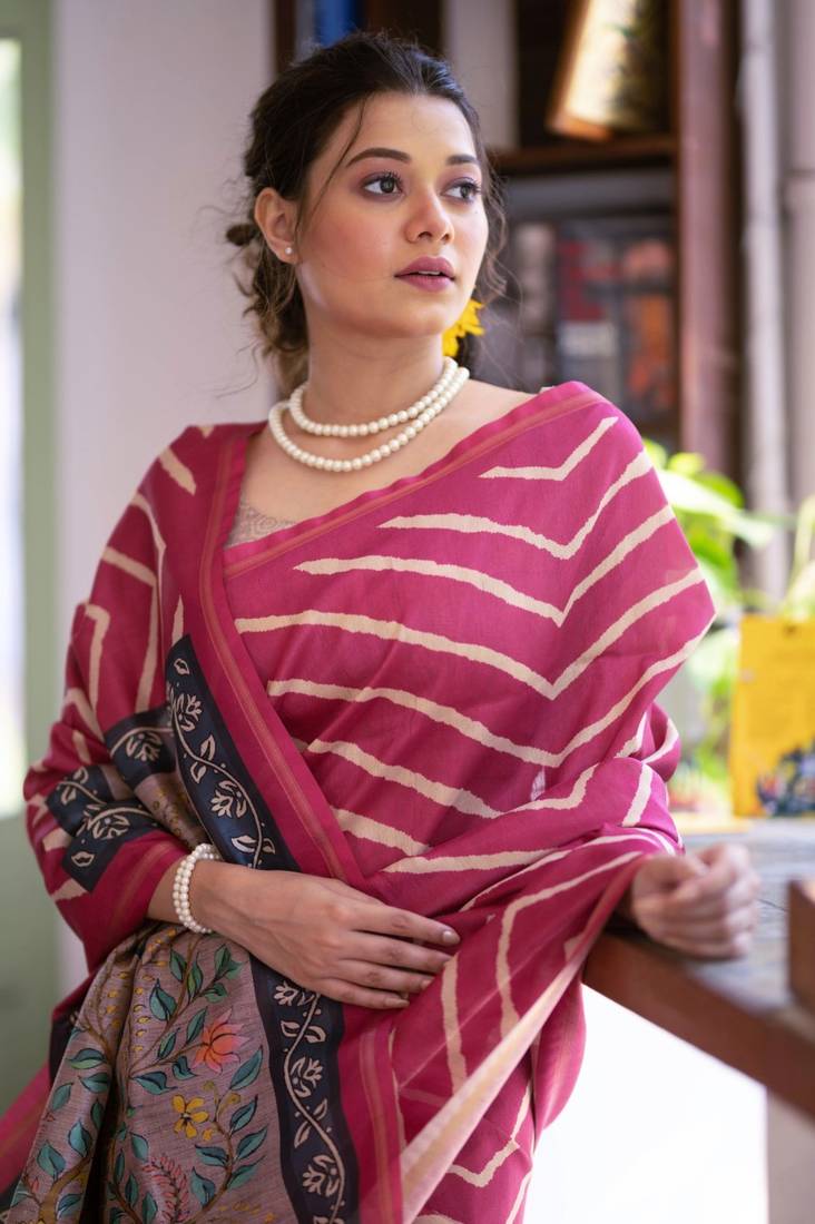 Tussar Silk Saree With Beautiful Leriya Print And Zari Border With Kalamkari Pallu And Tassels
