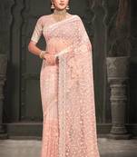 Peach Sequin Zari Resham Embroidered Net Saree With Matching Blouse Piece