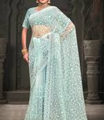 Sky Blue Sequin Zari Resham Embroidered Net Saree With Matching Blouse Piece