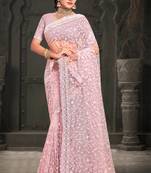 Pink Sequin Zari Resham Embroidered Net Saree With Matching Blouse Piece