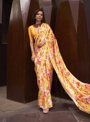 Crepe Satin Digital Print Yellow Saree 1
