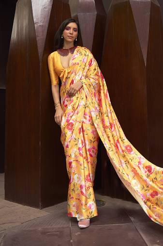 Crepe Satin Digital Print Yellow Saree