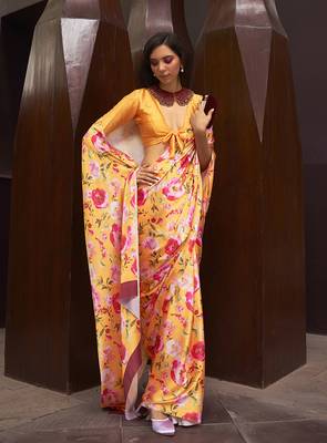 Crepe Satin Digital Print Yellow Saree 2