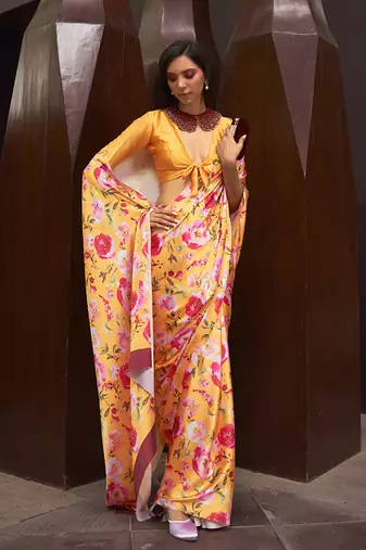 Crepe Satin Digital Print Yellow Saree