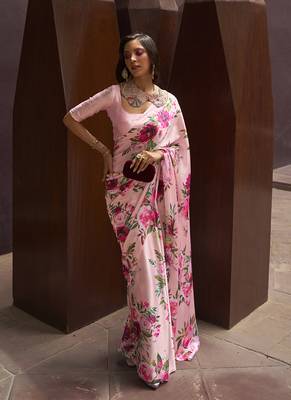 Crepe Satin Digital Print Saree In Light Pink Color 1