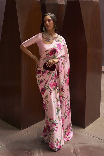 Crepe Satin Digital Print Contemporary Saree In Light Pink Colour