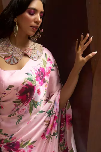 Crepe Satin Digital Print Saree In Light Pink Color
