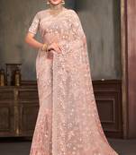 Peach Zari Resham Embroidered Net Saree With Matching Blouse Piece