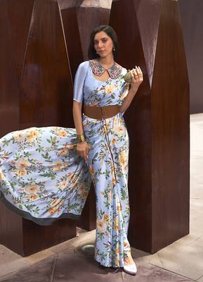 Crepe Satin Digital Print Light Blue Saree 1