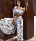 Crepe Satin Digital Print Light Blue Casual Saree