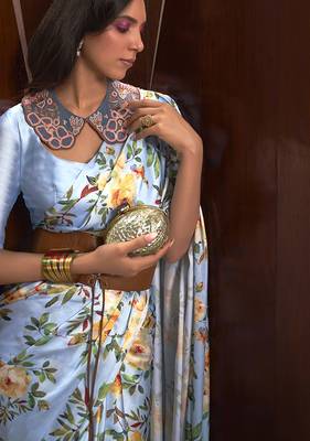 Crepe Satin Digital Print Light Blue Saree 2