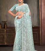 Sky Blue Zari Resham Embroidered Net Saree With Matching Blouse Piece