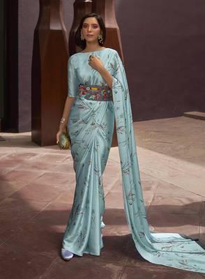 Crepe Satin Digital Print Aqua Blue Saree 1