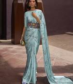 Crepe Satin Digital Print Aqua Blue Saree