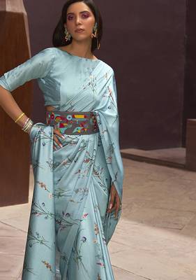 Crepe Satin Digital Print Aqua Blue Saree 2