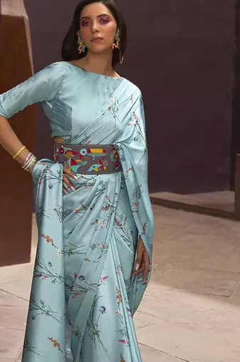 Crepe Satin Digital Print Aqua Blue Saree