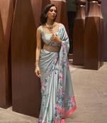 Crepe Satin Digital Print Light Grey Saree