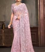 Pink Zari Resham Embroidered Net Saree Sari With Matching Blouse Piece