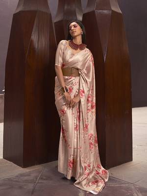 Crepe Satin Digital Print Beige Saree 1