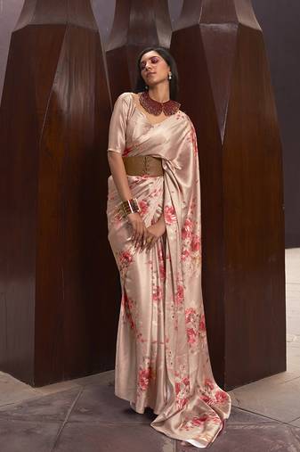 Crepe Satin Digital Print Beige Saree