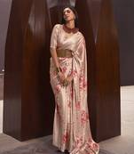 Crepe Satin Digital Print Beige Saree