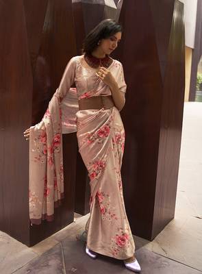 Crepe Satin Digital Print Beige Saree 2