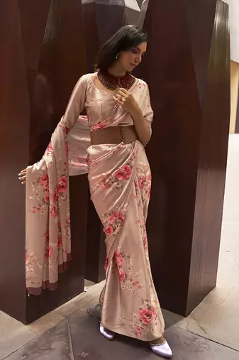 Crepe Satin Digital Print Beige Saree