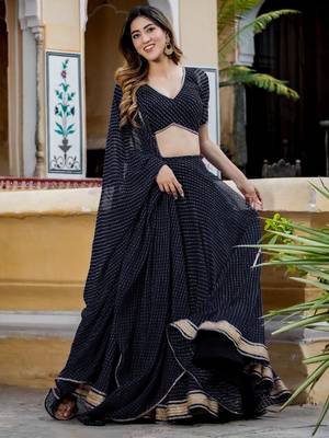 Black Zari And Cording Lace Work With Leheriya Printed Georgete Lehenga Choli For Wedding 4