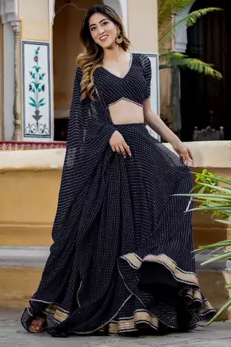 Black Zari And Cording Lace Work With Leheriya Printed Georgete Lehenga Choli For Wedding