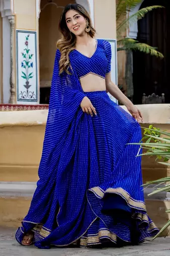 Blue Georgette Leheriya Printed Semi-Stitched Lehenga Choli 