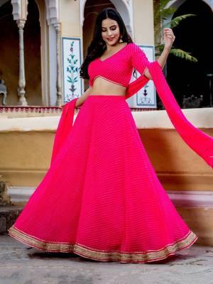 Pink Zari And Cording Lace Work With Leheriya Printed Georgete Designer Party Lehenga Choli 4