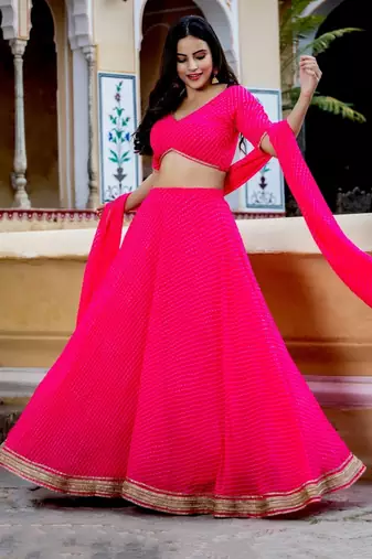 Pink Zari And Cording Lace Work With Leheriya Printed Georgete Designer Party Lehenga Choli