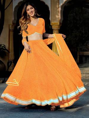  Yellow Zari And Cording Lace Work With Leheriya Printed Georgete Designer Wedding Lehenga Choli 1