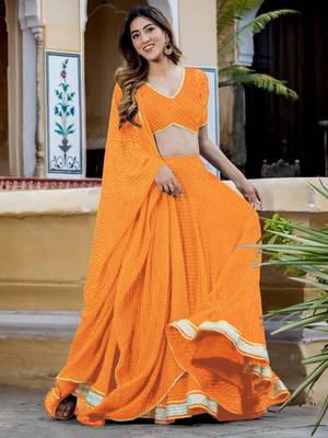  Yellow Zari And Cording Lace Work With Leheriya Printed Georgete Designer Wedding Lehenga Choli 3