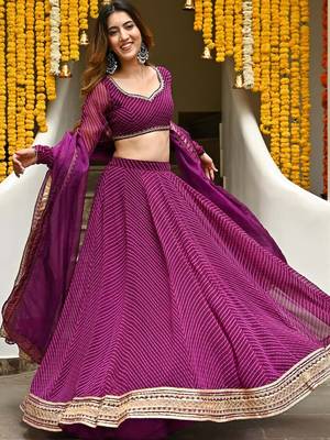 Purple Zari And Cording Lace Work With Leheriya Printed Georgete Designer Lehenga Choli For Bride 1